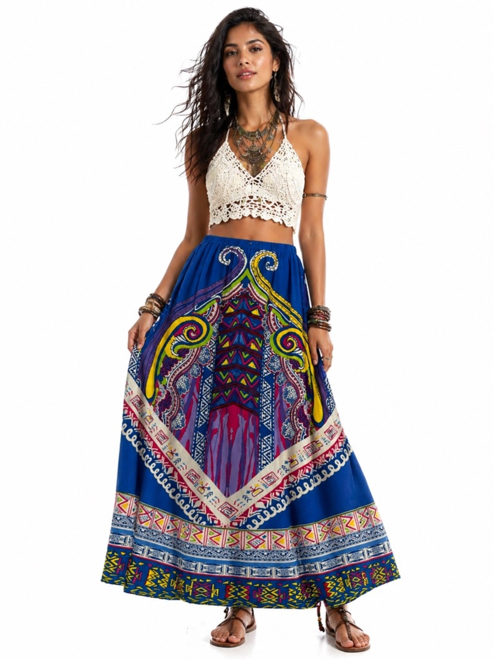 Boho Tribal Print Maxi Skirt Blue Multicolor Elastic Waist Statement Artsy L - Picture 2 of 9
